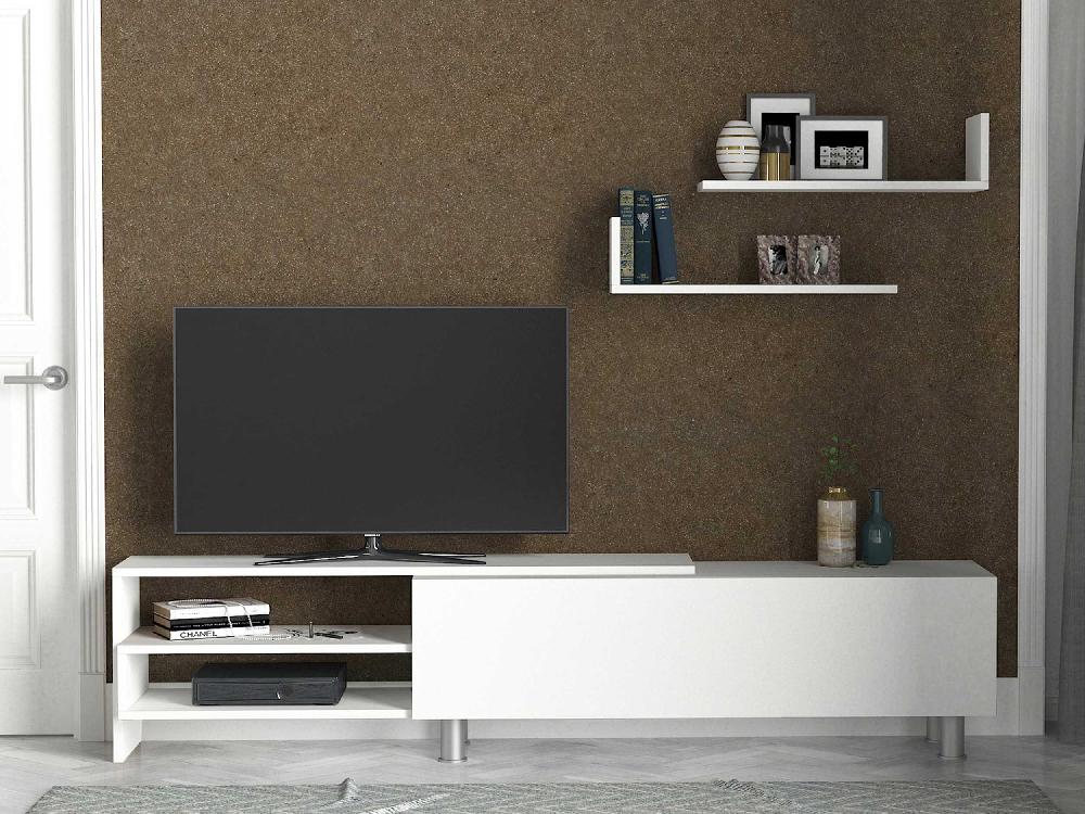 emob Tv-meubel Dizayn - 181x31x41cm - met 1 deur & 2 wandplanken - wit