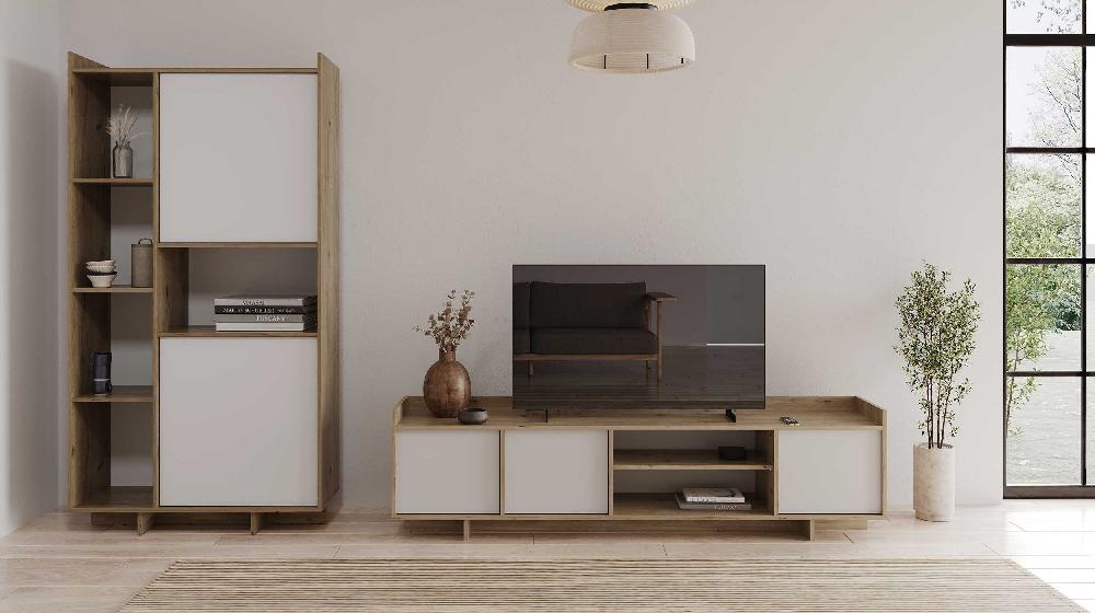 Emob TV-meubel Leda - 183x36x50cm - 3 Deuren - Wit/eikdecor