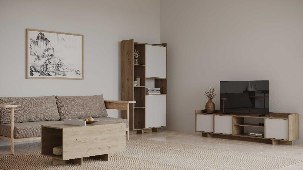 Emob TV-meubel Leda - 183x36x50cm - 3 Deuren - Wit/eikdecor