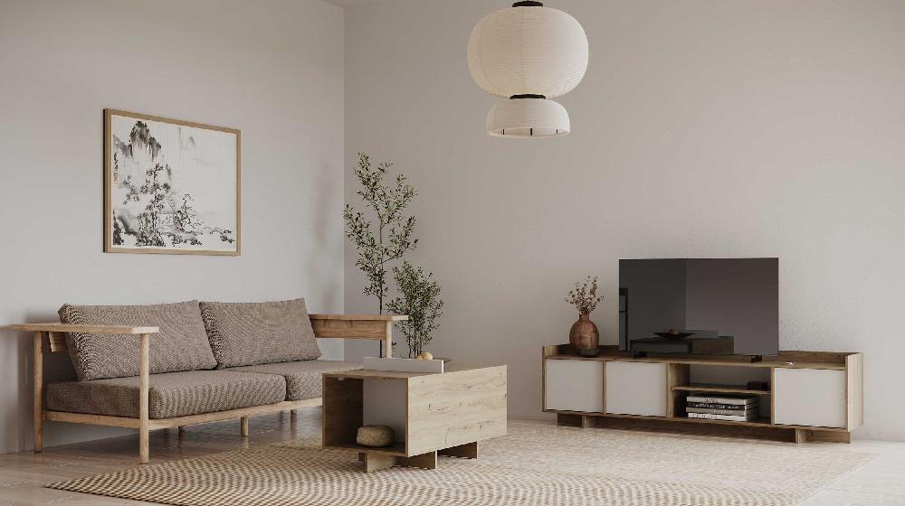 Emob TV-meubel Leda - 183x36x50cm - 3 Deuren - Wit/eikdecor