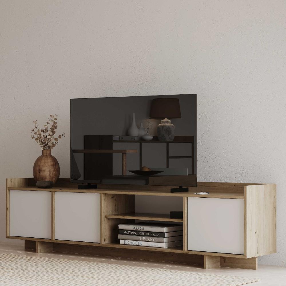 emob TV-meubel Leda - 183x36x50cm - 3 deuren - wit/eikdecor