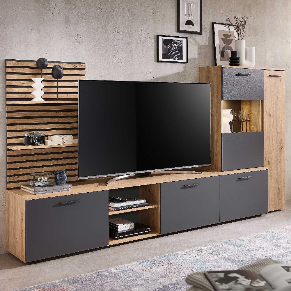 emob TV-wandmeubel Heath - met opbergruimte - antraciet/eikdecor