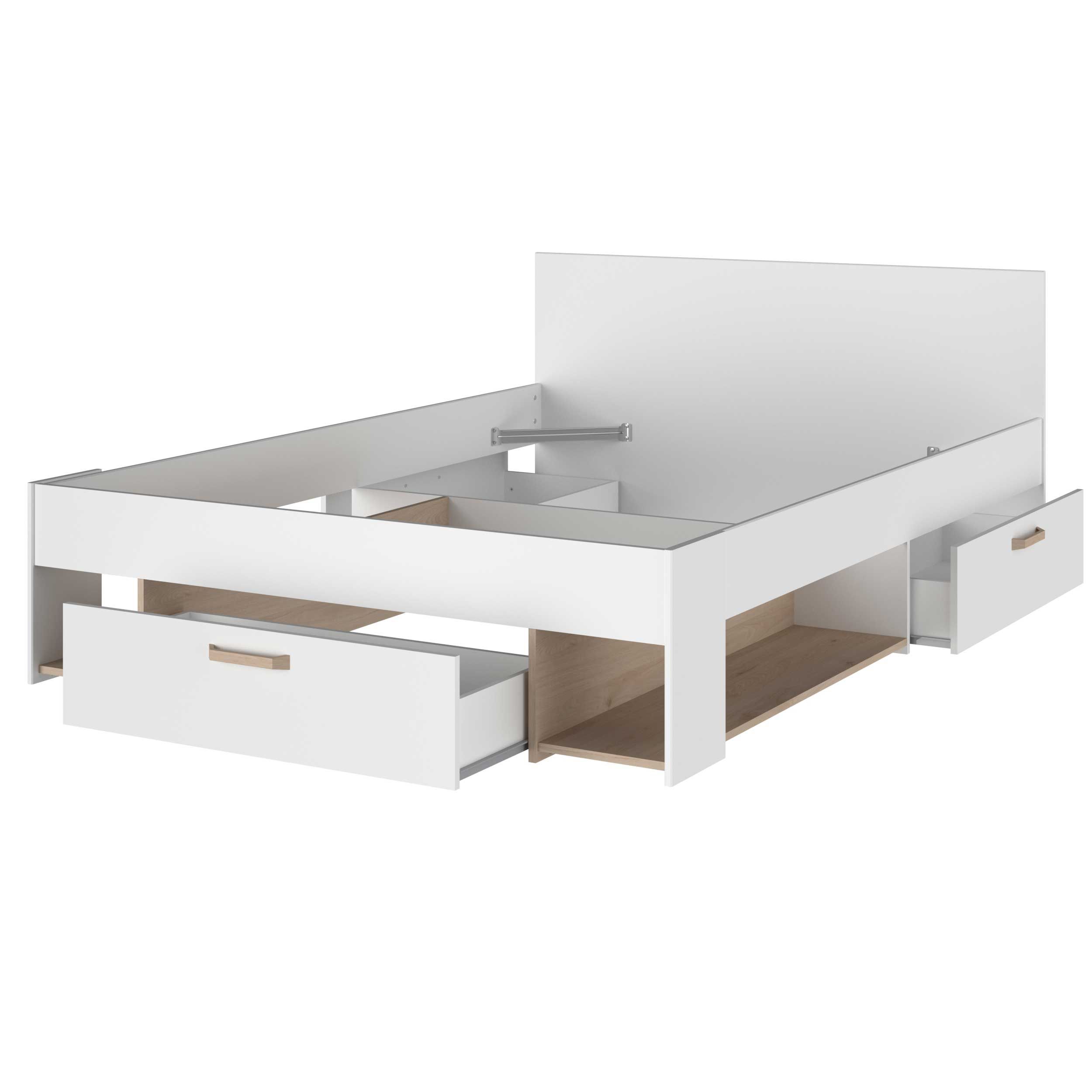 Emob Tweepersoonsbed Achiel - 140x200cm - Met Opbergruimte - Wit/eikdecor