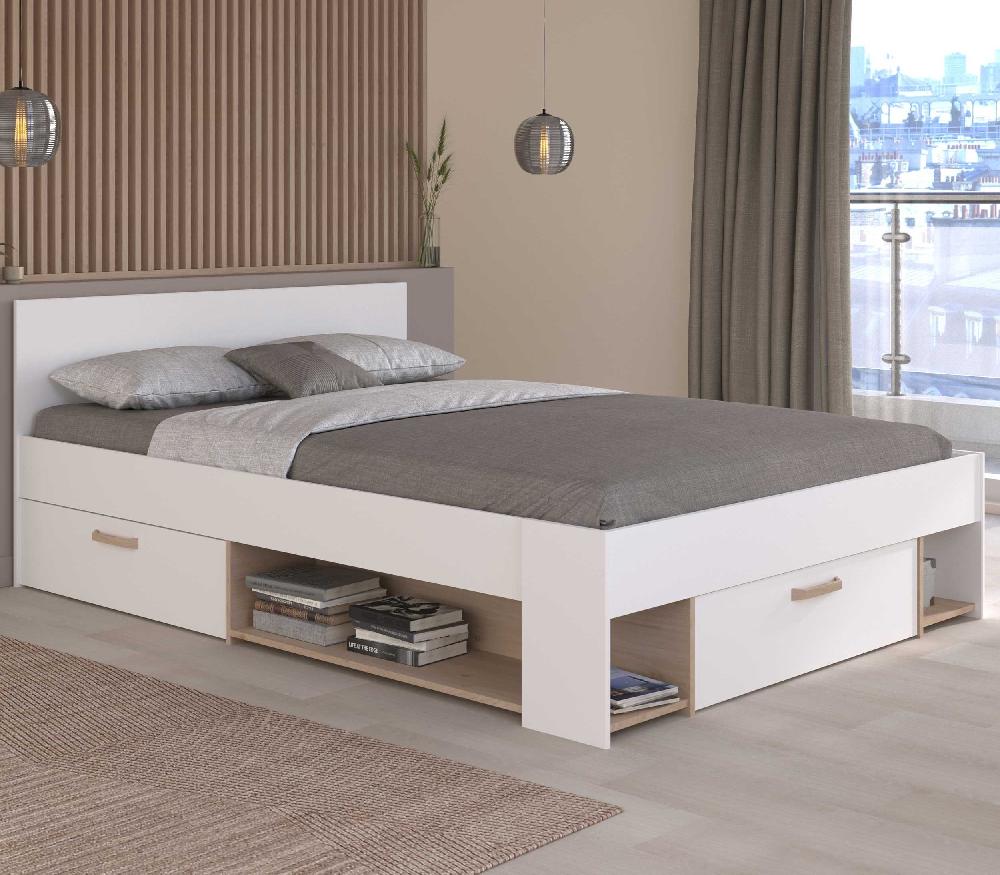 emob Tweepersoonsbed Achiel - 140x200cm - met opbergruimte - wit/eikdecor