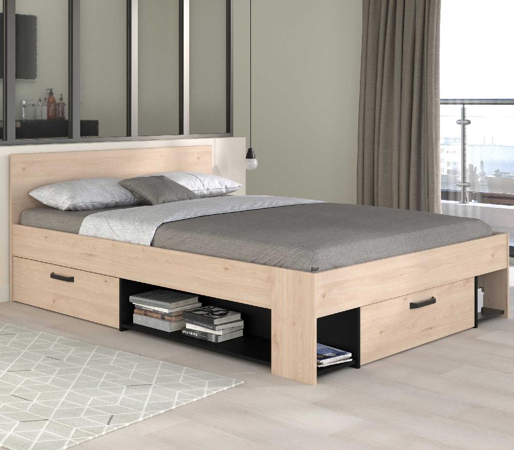 emob Tweepersoonsbed Achiel - 140x200cm - met opbergruimte - eikdecor/zwart