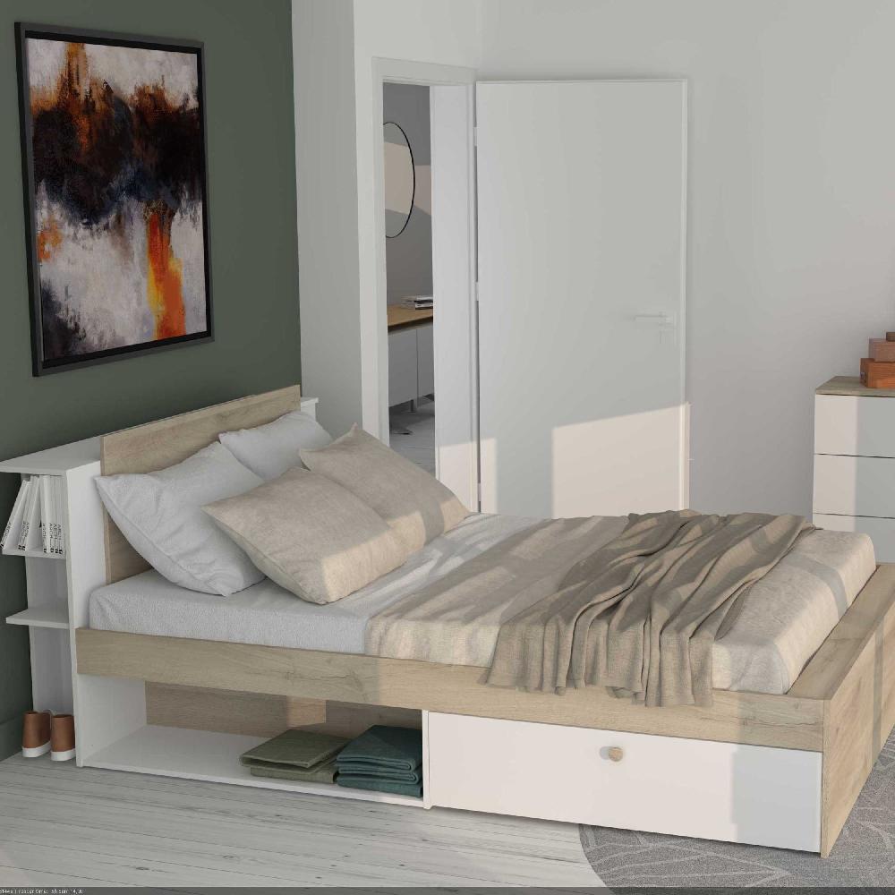 emob Tweepersoonsbed Liva - 160x200cm - met opbergruimte - wit/eikdecor