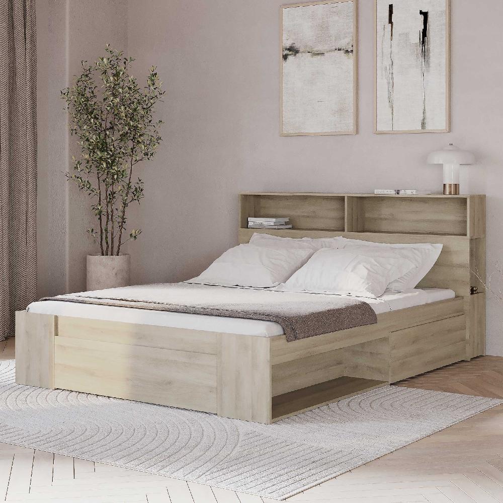 emob Tweepersoonsbed Maksim - 140x190/200cm - met opbergruimte - eikdecor