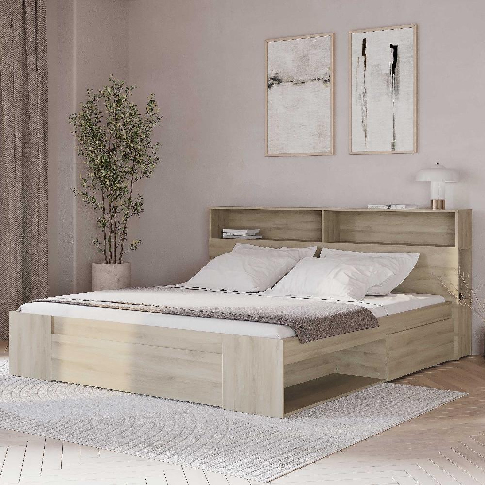 emob Tweepersoonsbed Maksim - 160x200cm - met opbergruimte - eikdecor