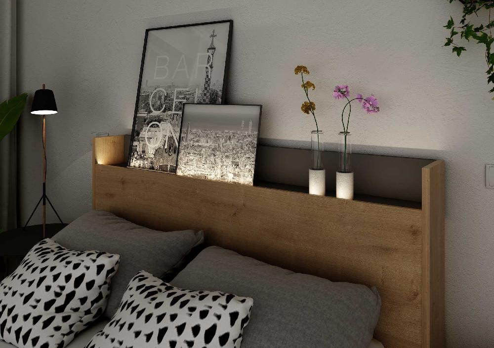Emob Tweepersoonsbed Sanna 140x190 - Lichte Eik Decor/ Zwart