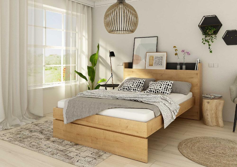 emob Tweepersoonsbed Sanna 140x190 - lichte eik decor/ zwart