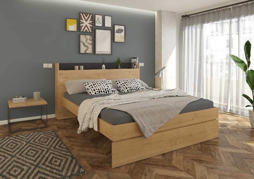 emob Tweepersoonsbed Sanna 160x200 - lichte eikdecor/ zwart