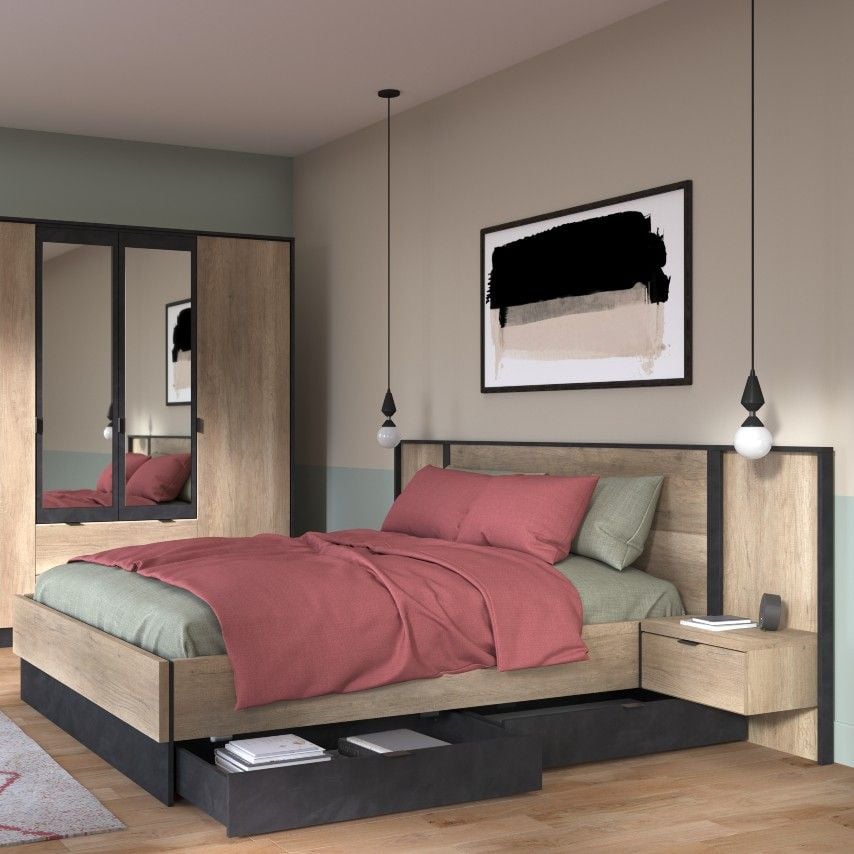 emob Tweepersoonsbed Yuri 140x190cm - antraciet/eik decor