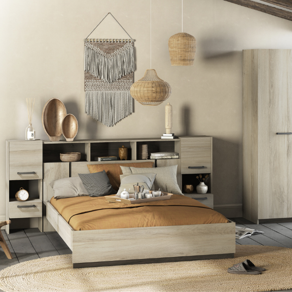 Emob Verlengbaar Hoofbord Waylon 2 Draaideuren 2 Lades En 5 Open Vakken-Kronberg Eik/Waterford Eik