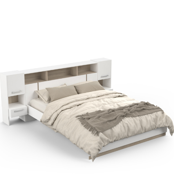 Emob Verlengbaar Hoofbord Waylon 2 Draaideuren 2 Lades En 5 Open Vakken-mat Wit/Kronberg Eik