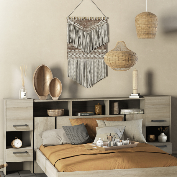 emob Verlengbaar hoofbord Waylon 2 draaideuren 2 lades en 5 open vakken-Kronberg eik/Waterford eik