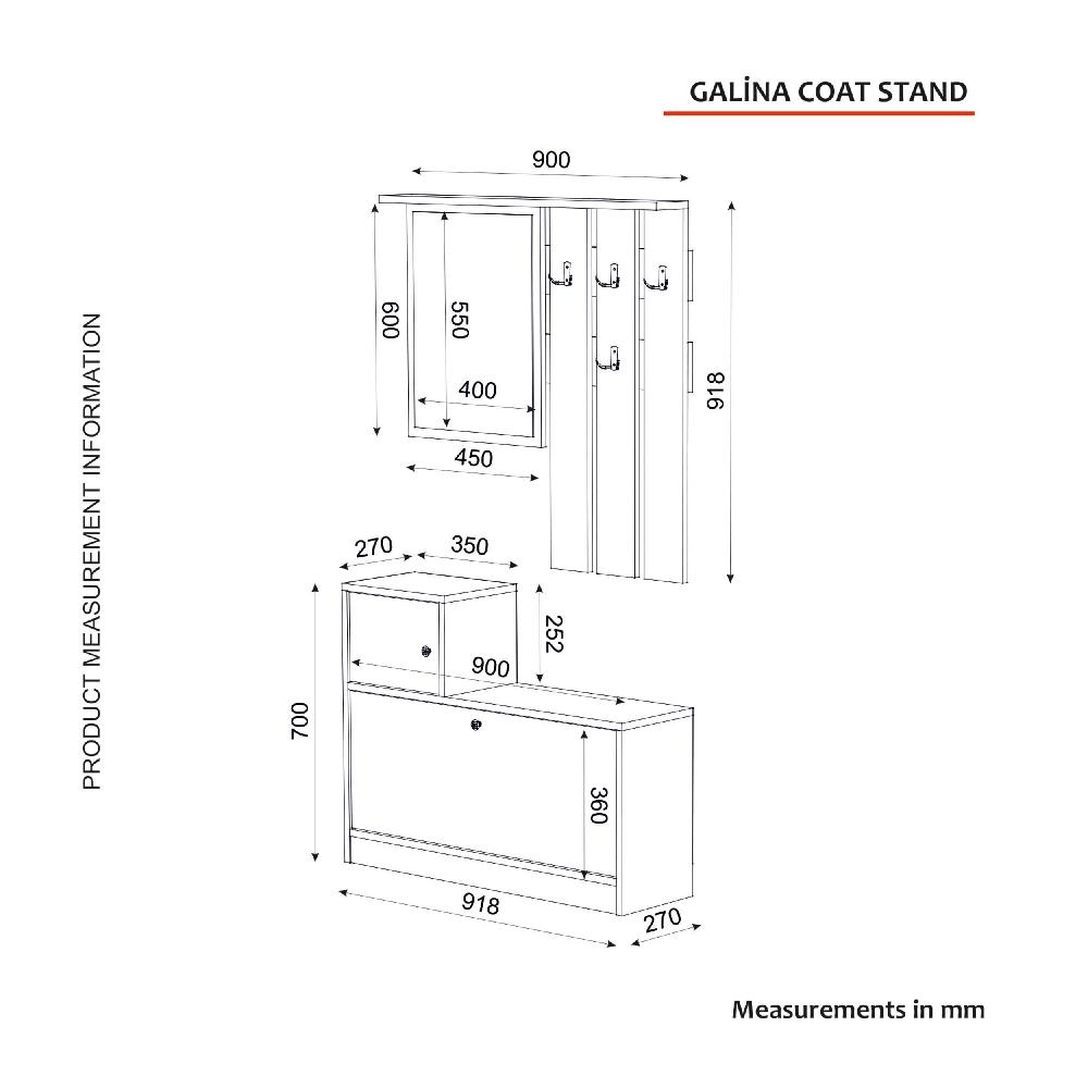 Emob Vestiarie Galina - 92x27x70cm - Met Spiegel - Wit/eikdecor