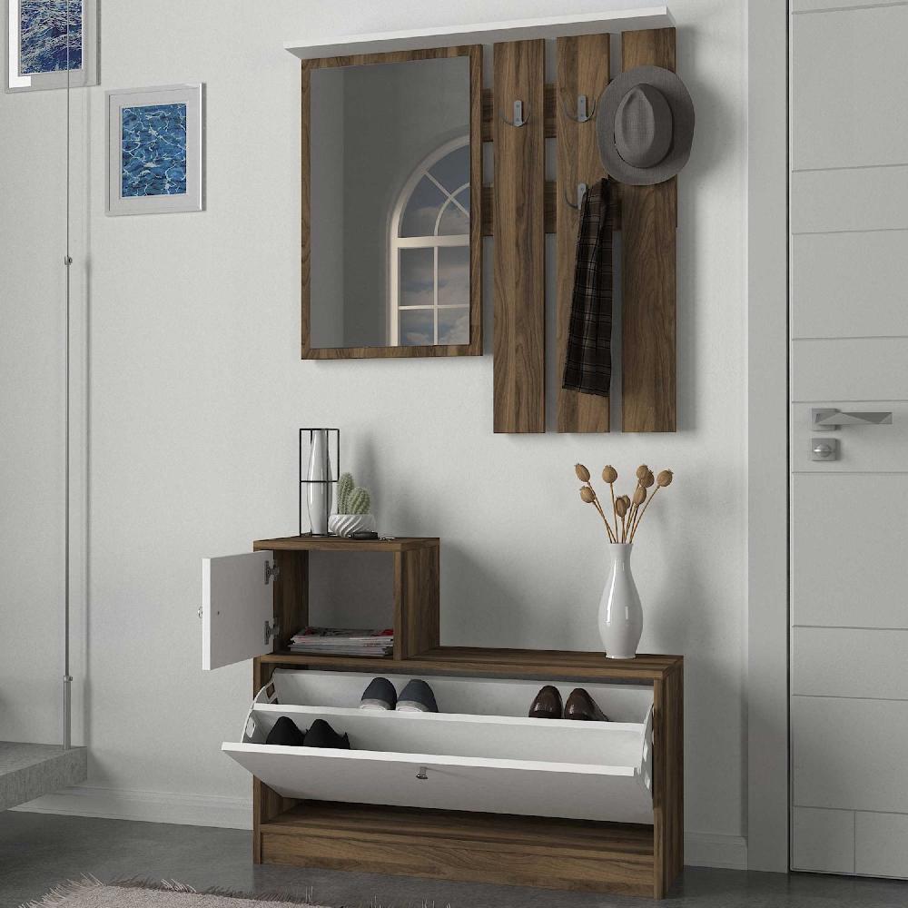 Emob Vestiarie Galina - 92x27x70cm - Met Spiegel - Wit/walnootdecor