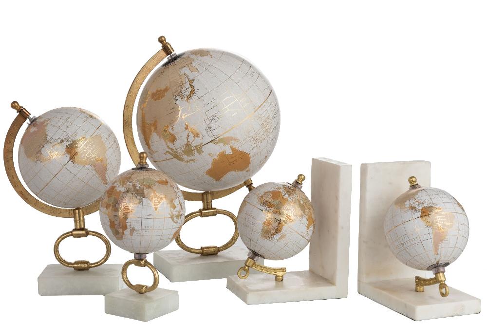 Emob Wereldbol Op Voet Marmer Wit/metaal Goud Medium