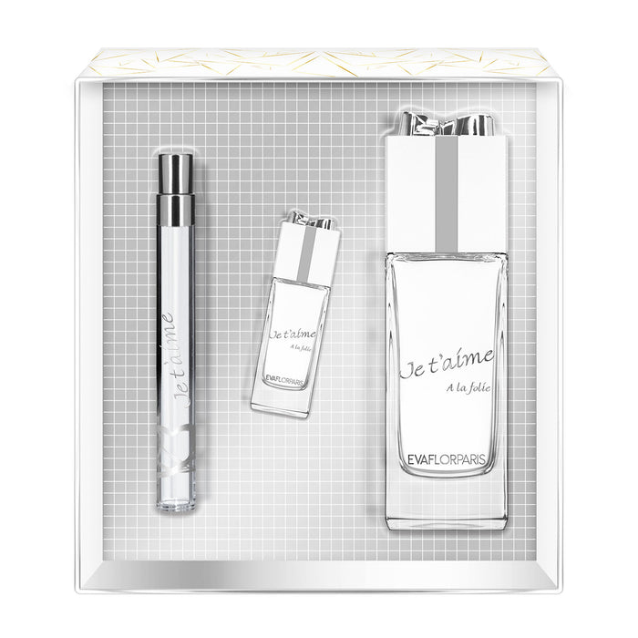 evaflor paris JE T'AIME A la Folie • Coffret Eau de Parfum 100 ml + Vapo de Sac 12 ml + Miniature 10 ml • Parfum Femme