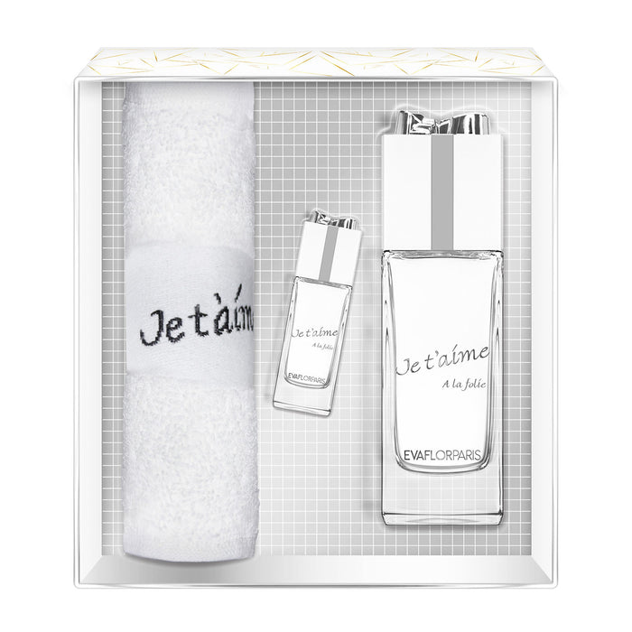 evaflor paris JE T'AIME A la Folie • Coffret Eau de Parfum 100 ml + Miniature 10 ml + Serviette • Parfum femme