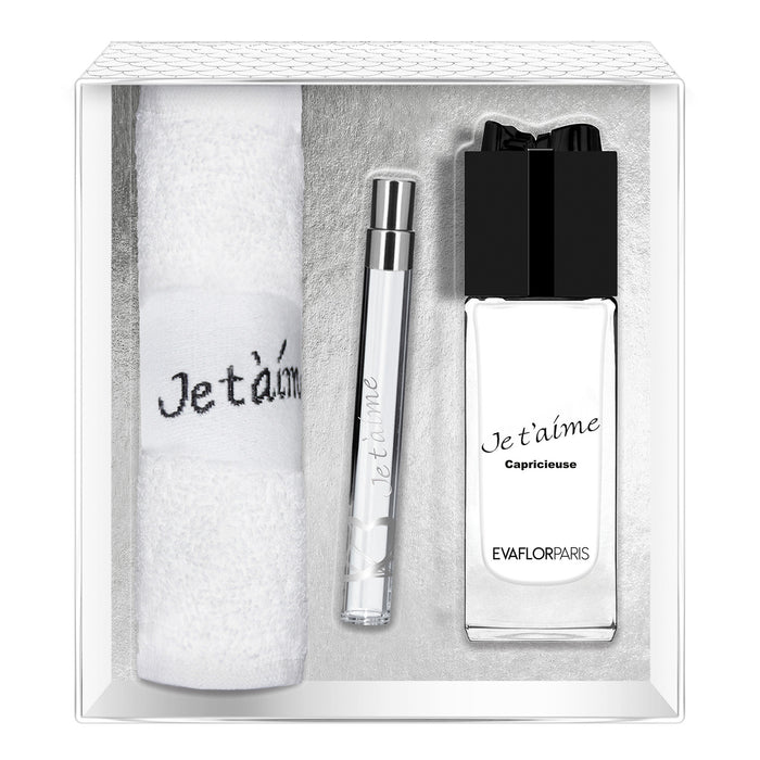 evaflor paris JE T'AIME Capricieuse • Coffret Eau de Parfum 100 ml Vapo de Sac 12 ml et une serviette • Parfum Femme