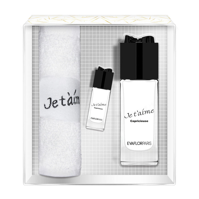 evaflor paris JE T'AIME Capricieuse • Coffret Eau de Parfum 100 ml + Miniature 10 ml + Serviette • Parfum femme