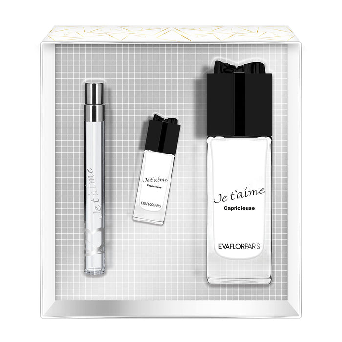 evaflor paris JE T'AIME Capricieuse • Coffret Eau de Parfum 100 ml + Vapo de Sac 12 ml + Miniature 10 ml • Parfum Femme evaflor paris JE T'AIME Capricieuse • Coffret Eau de Parfum 100 ml + Vapo de Sac 12 ml + Miniature 10 ml • Parfum Femme