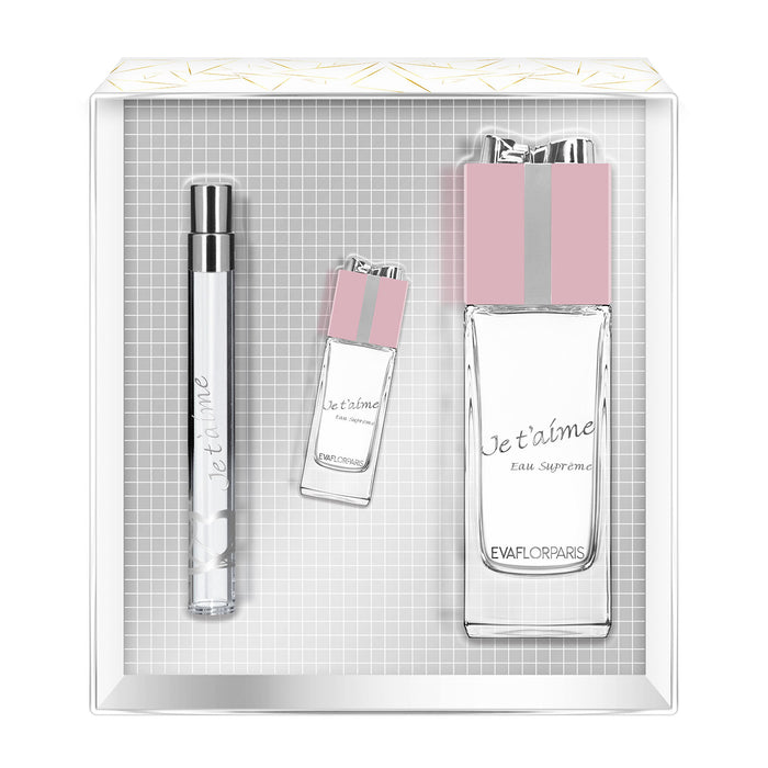evaflor paris JE T'AIME Eau Suprême • Coffret Eau de Parfum 100 ml + Vapo de Sac 12 ml + Miniature 10 ml • Parfum Femme