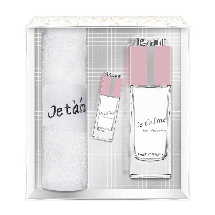 evaflor paris JE T'AIME Eau Suprême • Coffret Eau de Parfum 100 ml + Miniature 10 ml + Serviette • Parfum femme