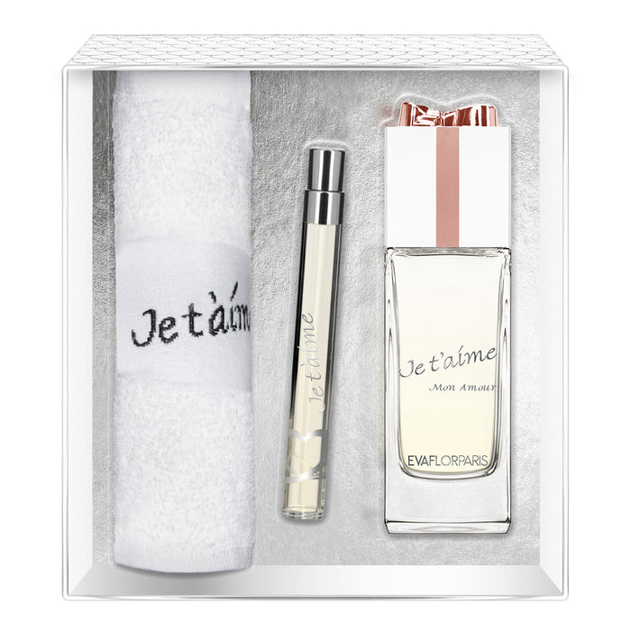 evaflor paris JE T'AIME Mon Amour • Coffret Eau de Parfum 100 ml Vapo de Sac 12 ml et une serviette • parfum femme