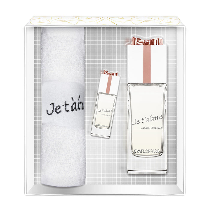 evaflor paris JE T'AIME Mon Amour • Coffret Eau de Parfum 100 ml + Miniature 10 ml + Serviette • Parfum femme