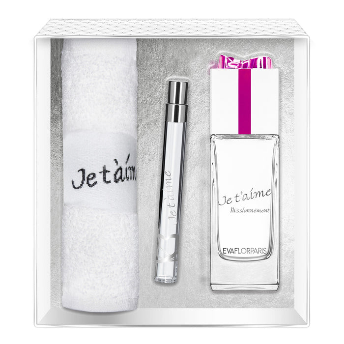 evaflor paris JE T'AIME Passionnément • Coffret Eau de Parfum 100 ml Vapo de sac 12 ml et une serviette • parfum femme