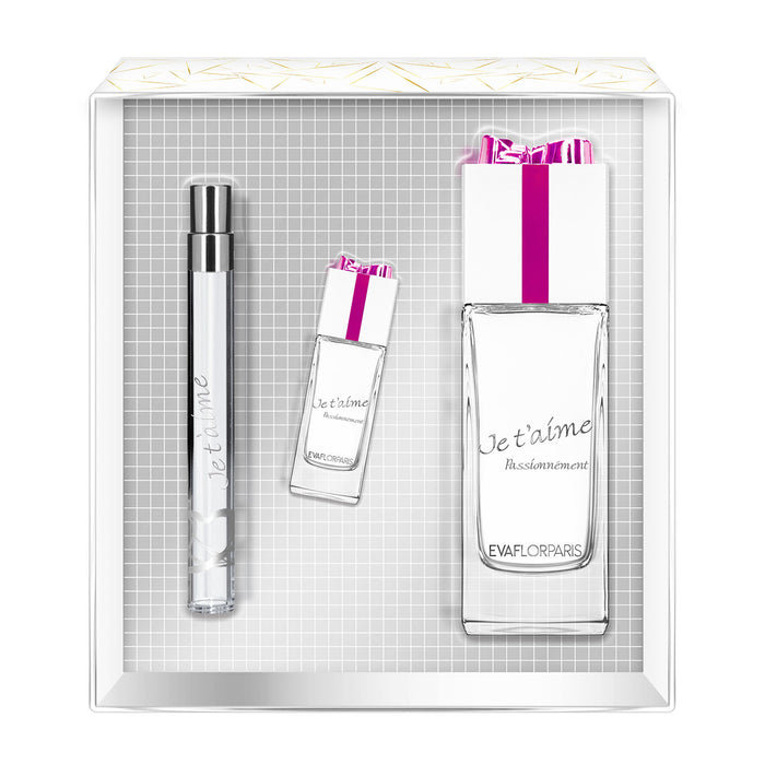 evaflor paris JE T'AIME Passionnément • Coffret Eau de Parfum 100 ml + Vapo de Sac 12 ml + Miniature 10 ml • Parfum Femme evaflor paris JE T'AIME Passionnément • Coffret Eau de Parfum 100 ml + Vapo de Sac 12 ml + Miniature 10 ml • Parfum Femme