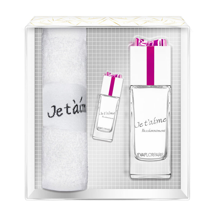 evaflor paris JE T'AIME Passionnément • Coffret Eau de Parfum 100 ml + Miniature 10 ml + Serviette • Parfum femme