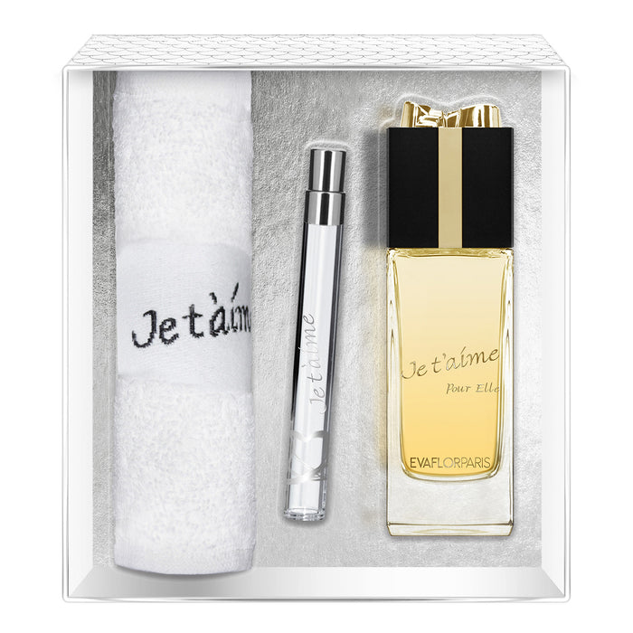 evaflor paris JE T'AIME Pour Elle • Coffret Eau de Parfum 100 ml Vapo de Sac 12 ml et serviette • parfum femme