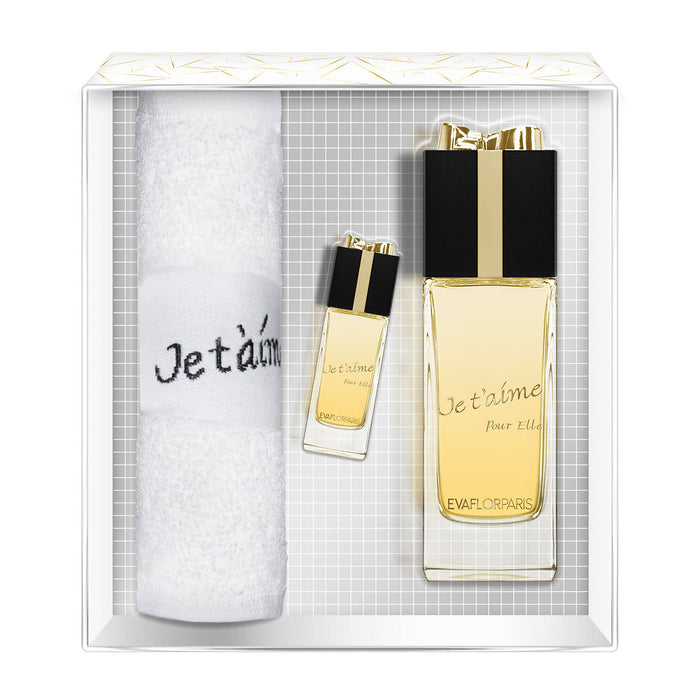 evaflor paris JE T'AIME Pour Elle • Coffret Eau de Parfum 100 ml + Miniature 10 ml + Serviette • Parfum femme
