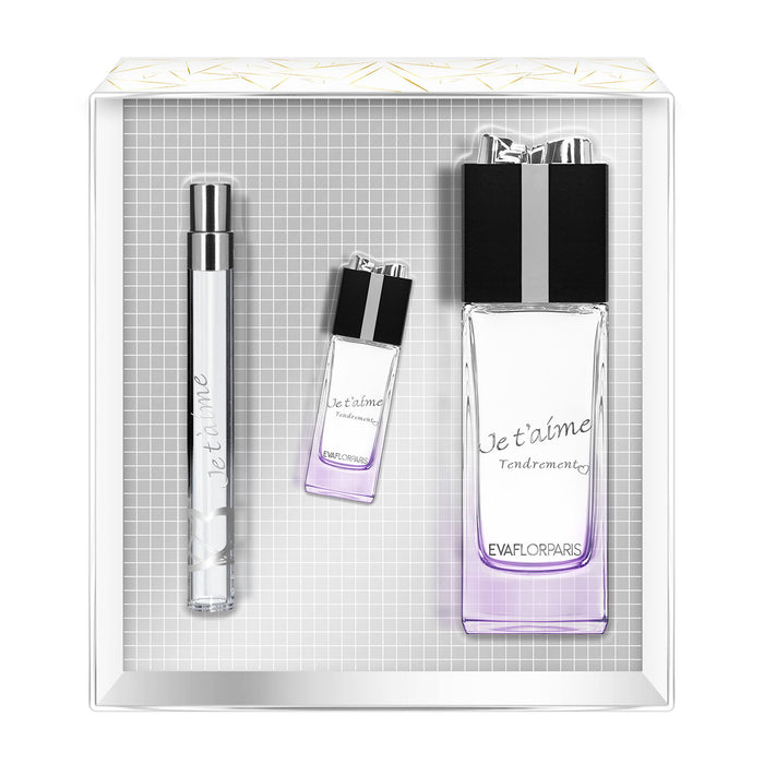 evaflor paris JE T'AIME Tendrement • Coffret Eau de Parfum 100 ml + Vapo de Sac 12 ml + Miniature 10 ml • Parfum Femme