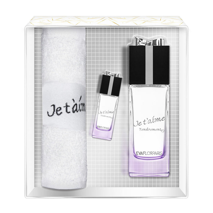 evaflor paris JE T'AIME Tendrement • Coffret Eau de Parfum 100 ml + Miniature 10 ml + Serviette • Parfum femme