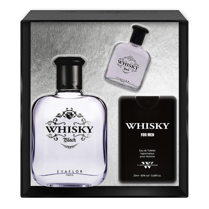 evaflor paris WHISKY BLACK • Coffret Eau de Toilette 100 ml Parfum de Voyage 20 ml et une Miniature 10 ml • Parfum Homme