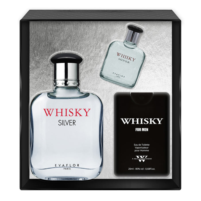 evaflor paris WHISKY SILVER • Coffret Eau de Toilette 100 ml Parfum de Voyage 20 ml et une Miniature 10 ml • Parfum Homme