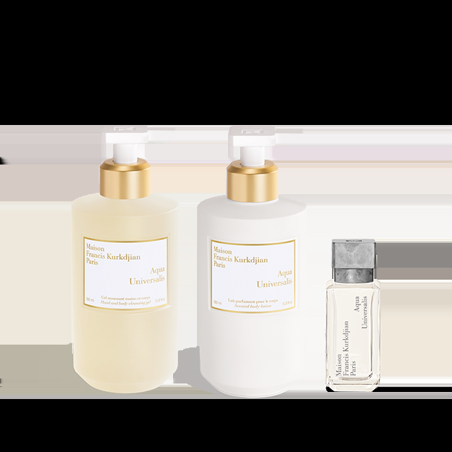 francis kurkdjian AquaUniversalis Trio Gel moussant mains & corps Lait parfumant pour le corps et Eau de toilette