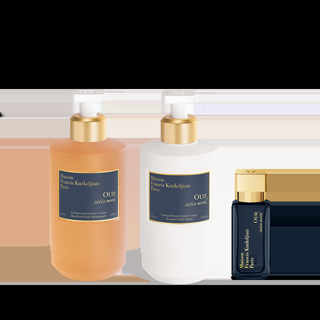 francis kurkdjian OUD satin mood Trio Gel moussant mains & corps Lait parfumant pour le corps et Eau de parfum