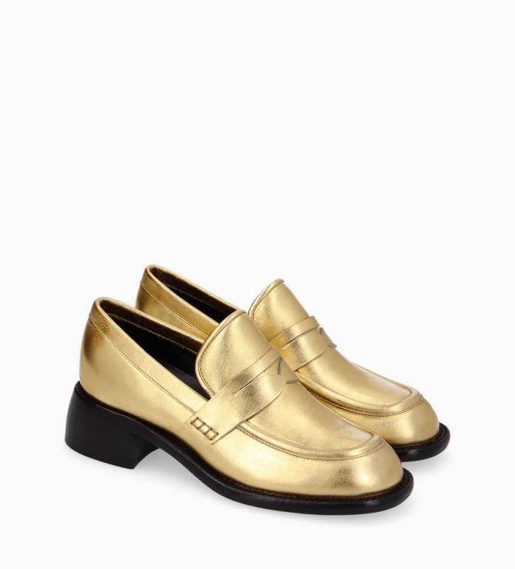 Free Lance Anaïs 50 Mocassin à Talon à Bout Carré Cuir Métallisé Or