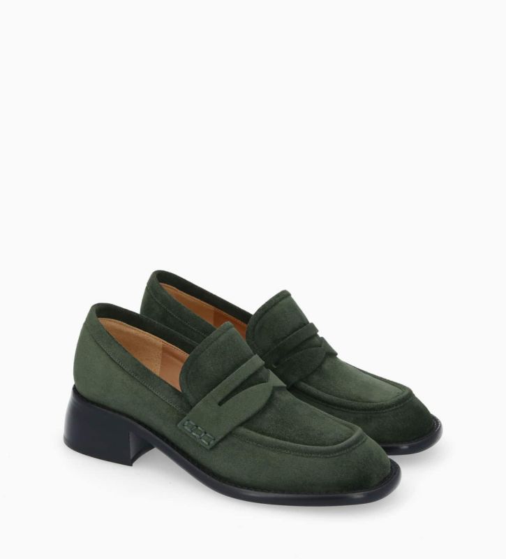 Free Lance Anaïs 50 Mocassin à Talon à Bout Carré Cuir Velours Militaire