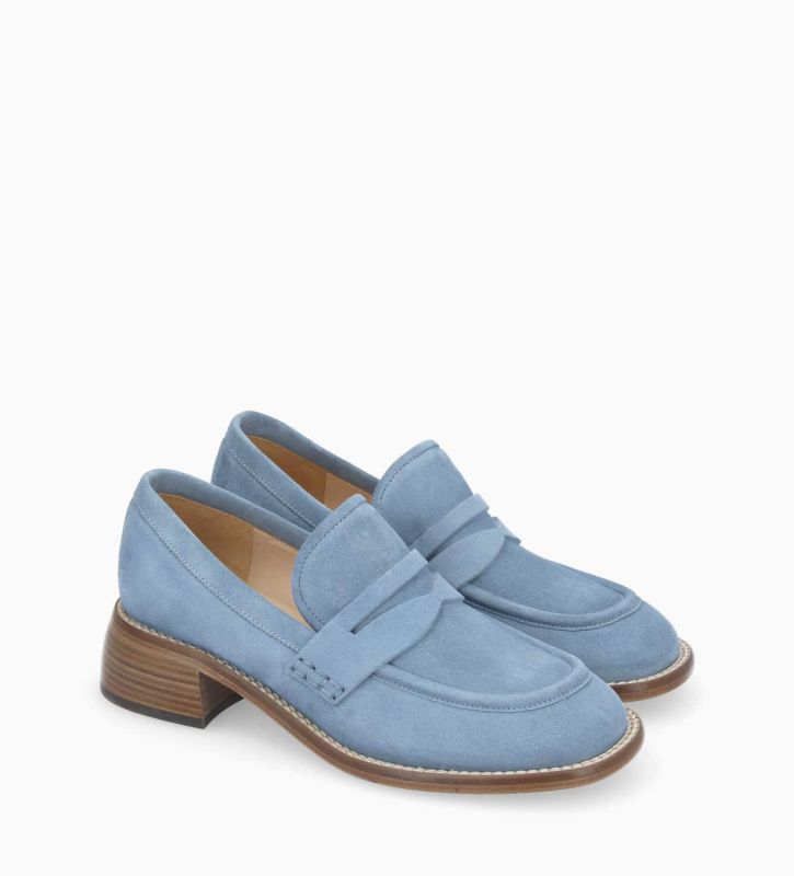 Free Lance Anaïs 50 Mocassin à Talon à Bout Carré Cuir Velours Bleu Ciel