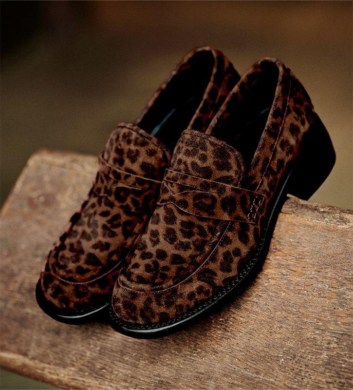 Free Lance Anaïs 50 Mocassin à Talon à Bout Carré Cuir Velours Léopard