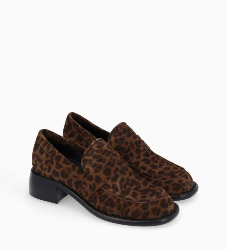 Free Lance Anaïs 50 Mocassin à Talon à Bout Carré Cuir Velours Léopard