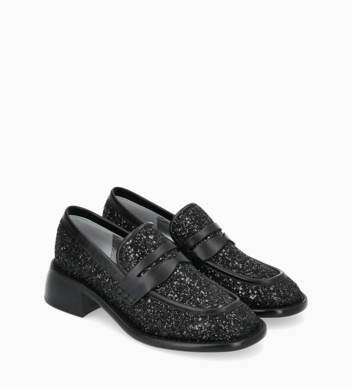 Free Lance Anaïs 50 Mocassin à Talon à Bout Carré Toile Pailletée/Cuir De Veau Onyx/Noir