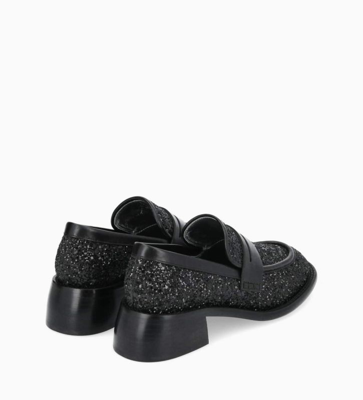 Free Lance Anaïs 50 Mocassin à Talon à Bout Carré Toile Pailletée/Cuir De Veau Onyx/Noir