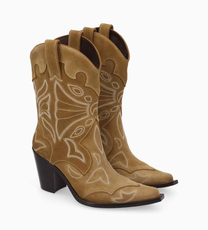 Free Lance Andrea 80 Bottine Western Brodée à Talon Cuir Velours Sienna